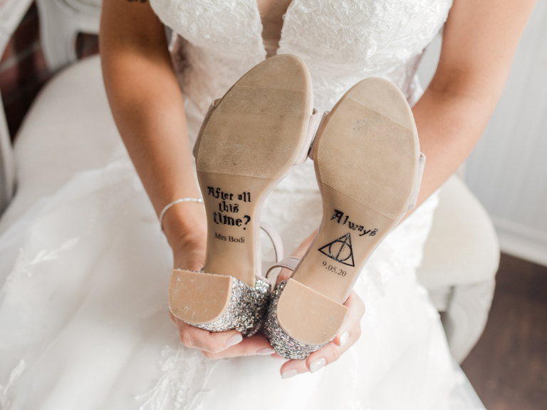 harry potter decals on the bottom of bridal shoes.....after all this time
